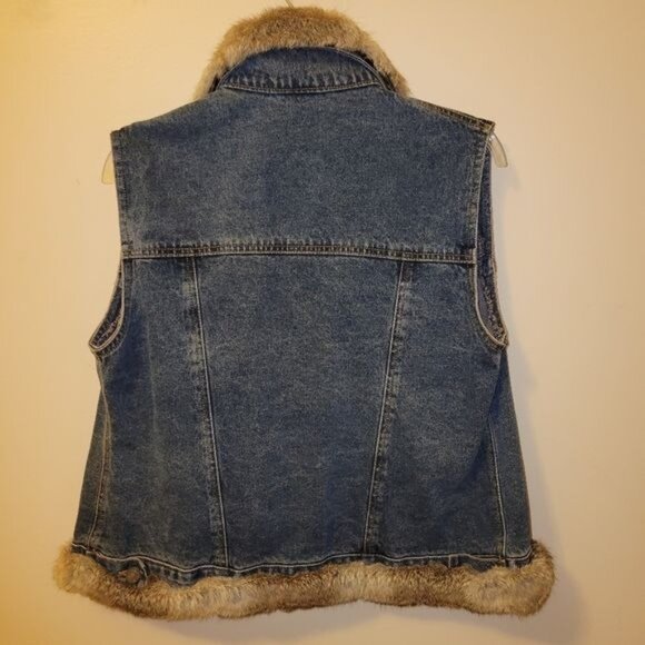 Denim Vest with Genuine Rabbit Fur Trim Beautiful and Soft Women's Size M - Picture 2 of 10